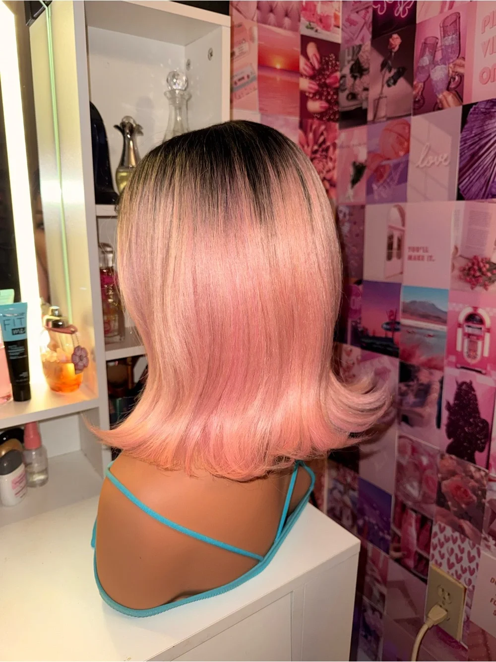 Pink Ombre Lace Front Wig Black Roots Blush Pink Bob Flipped Ends
